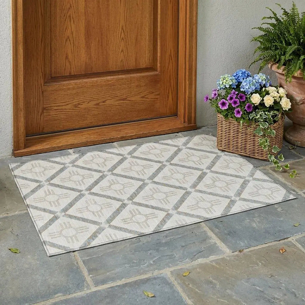 3' X 5' Ivory And Linen Geometric Washable Indoor Outdoor Area Rug Homeroots Outdoor