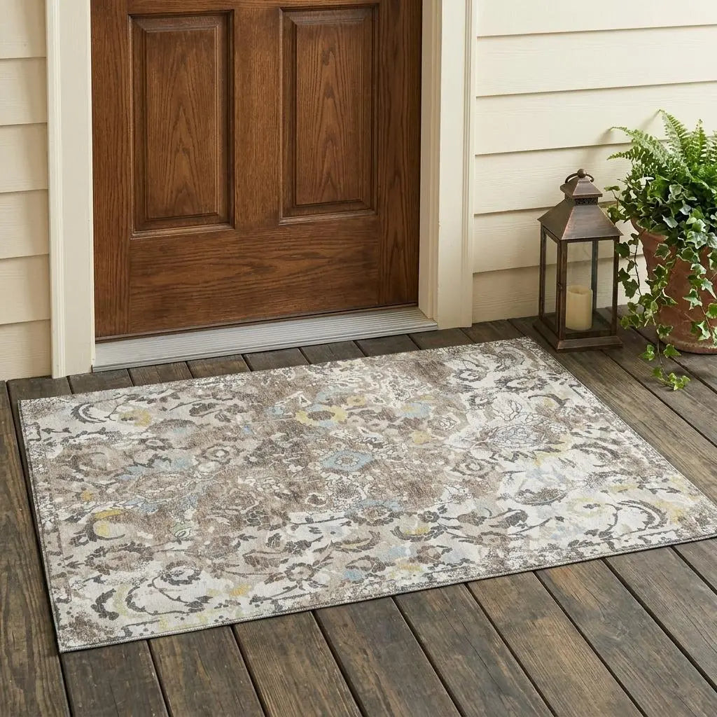 3' X 5' Ivory And Pewter Floral Washable Indoor Outdoor Area Rug Homeroots Outdoor