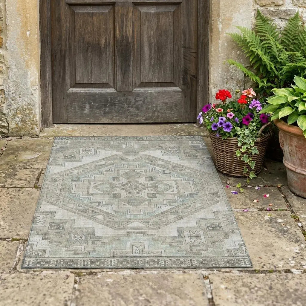 3' X 5' Ivory And Pewter Southwestern Washable Indoor Outdoor Area Rug Homeroots Outdoor