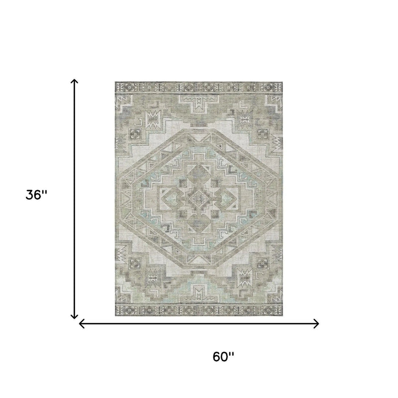 3' X 5' Ivory And Pewter Southwestern Washable Indoor Outdoor Area Rug Homeroots Outdoor