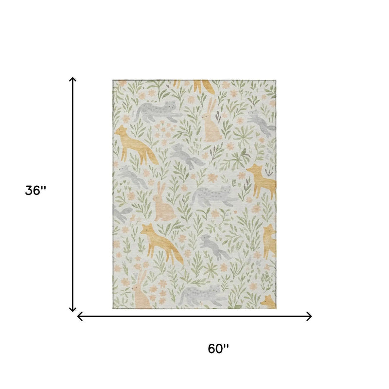 3' X 5' Ivory And Pink Botanical Leaves Washable Indoor Outdoor Area Rug Homeroots Outdoor