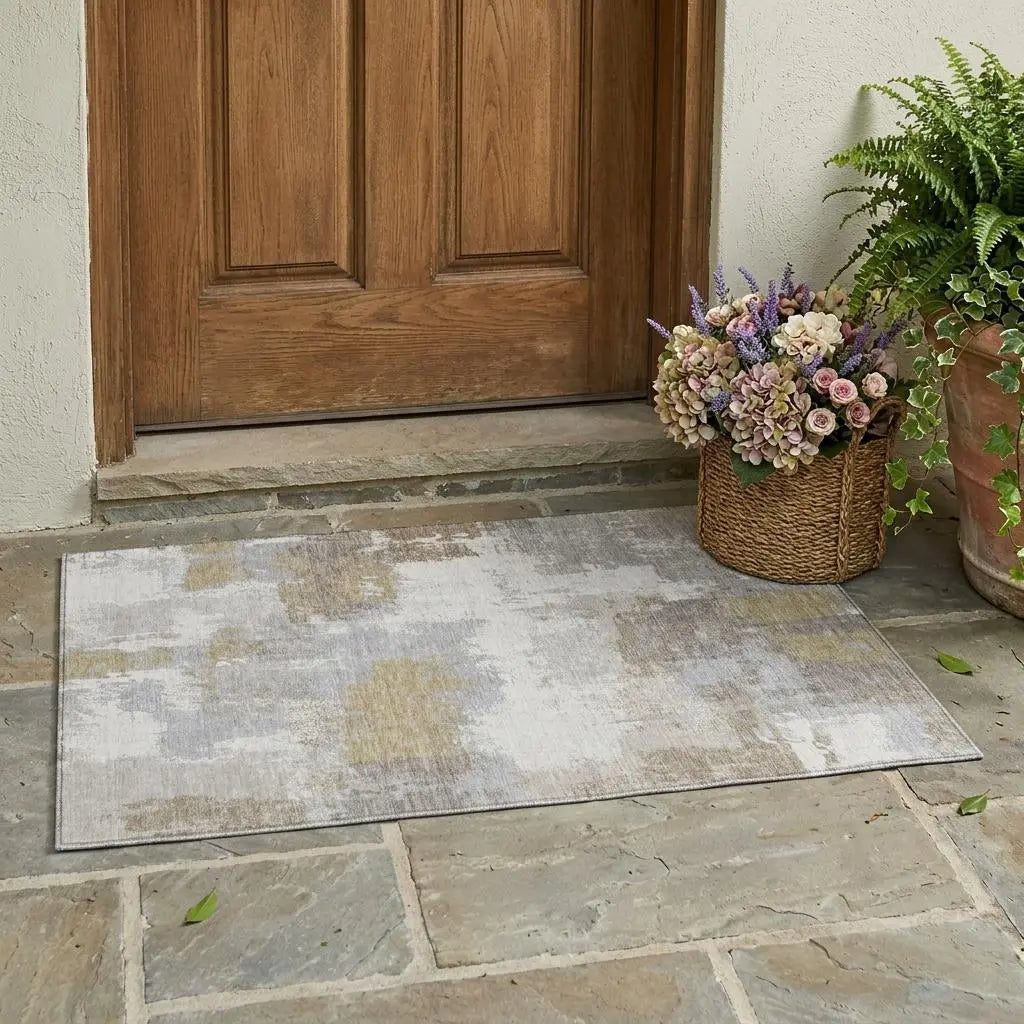 3' X 5' Ivory And Silver Abstract Washable Indoor Outdoor Area Rug Homeroots Outdoor