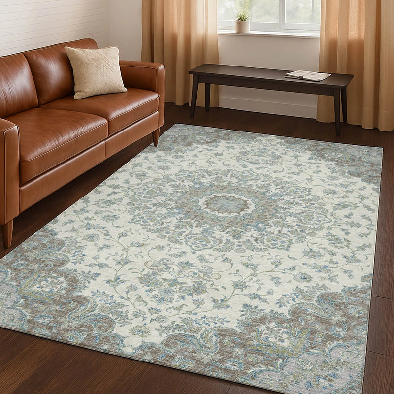 3' X 5' Ivory And Silver Floral Medallion Washable Indoor Outdoor Area Rug Homeroots Outdoor
