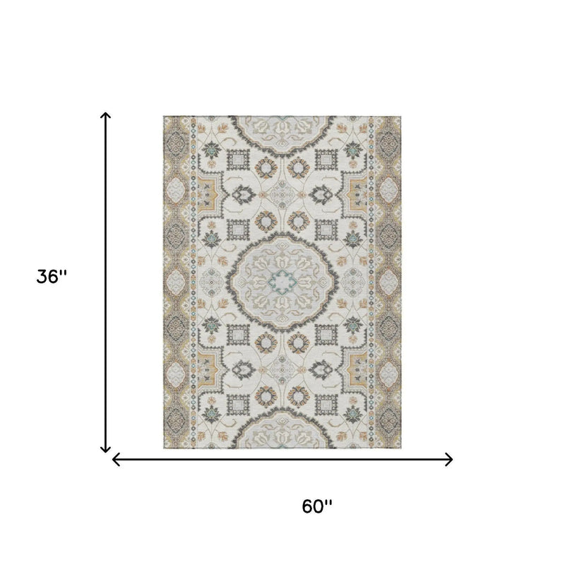 3' X 5' Ivory And Silver Floral Medallion Washable Indoor Outdoor Area Rug Homeroots Outdoor