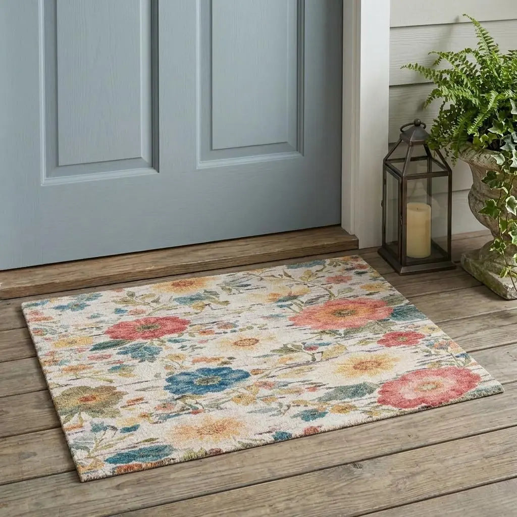 3' X 5' Ivory And Silver Floral Washable Indoor Outdoor Area Rug Homeroots Outdoor