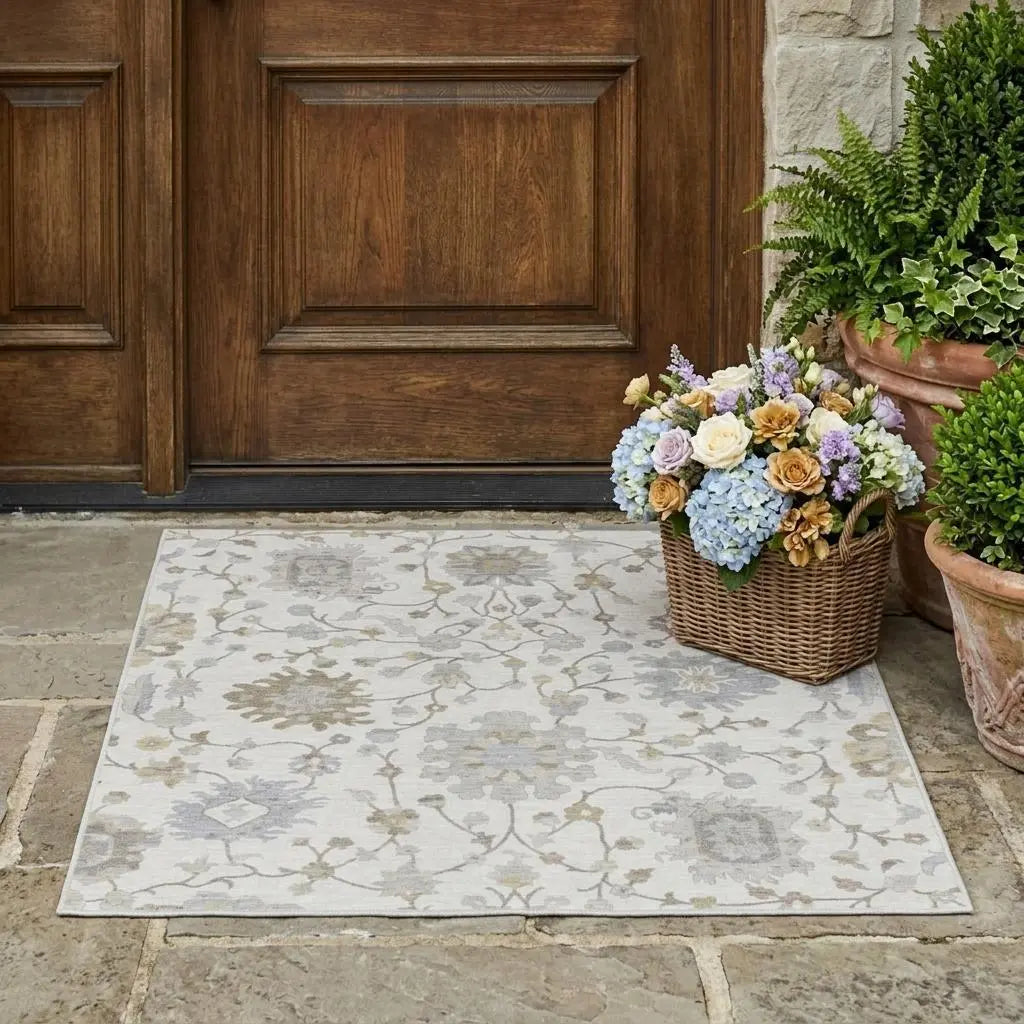 3' X 5' Ivory And Silver Floral Washable Indoor Outdoor Area Rug Homeroots Outdoor