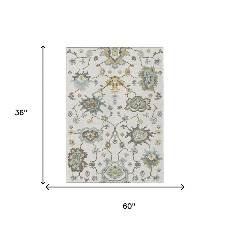 3' X 5' Ivory And Silver Oriental Washable Indoor Outdoor Area Rug Homeroots Outdoor