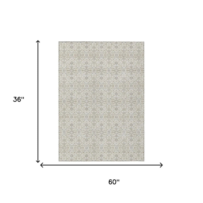 3' X 5' Ivory And Silver Oriental Washable Indoor Outdoor Area Rug Homeroots Outdoor