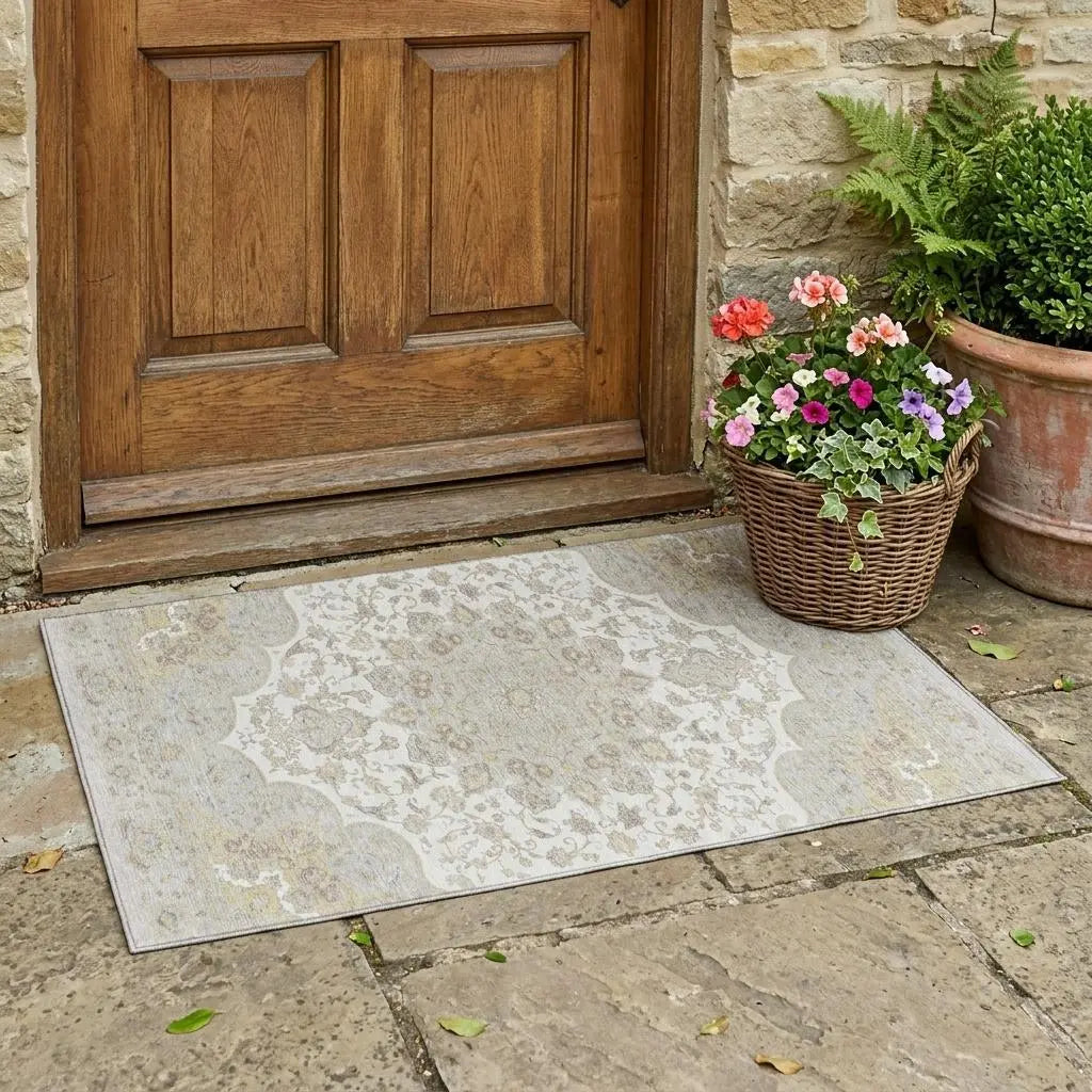 3' X 5' Ivory And Silver Oriental Washable Indoor Outdoor Area Rug Homeroots Outdoor