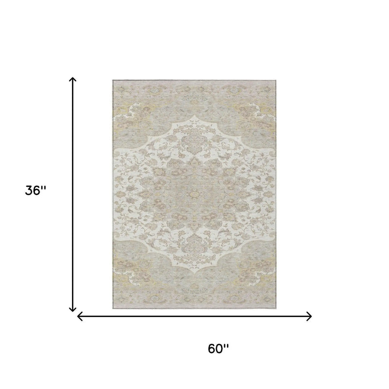 3' X 5' Ivory And Silver Oriental Washable Indoor Outdoor Area Rug Homeroots Outdoor