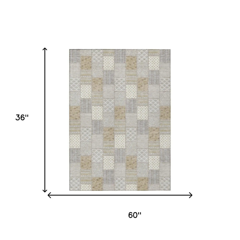 3' X 5' Ivory And Silver Patchwork Washable Indoor Outdoor Area Rug Homeroots Outdoor