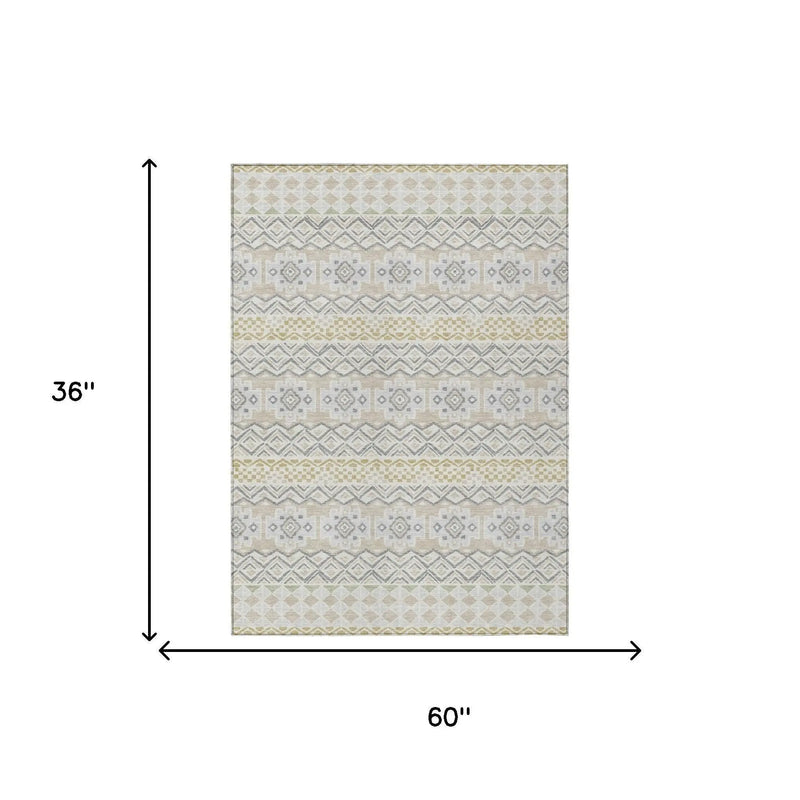 3' X 5' Ivory And Silver Striped Washable Indoor Outdoor Area Rug Homeroots Outdoor