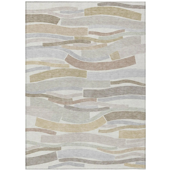Multicolored area rug with abstract wave design in beige, gray, and soft pastels, made from durable synthetic fibers.