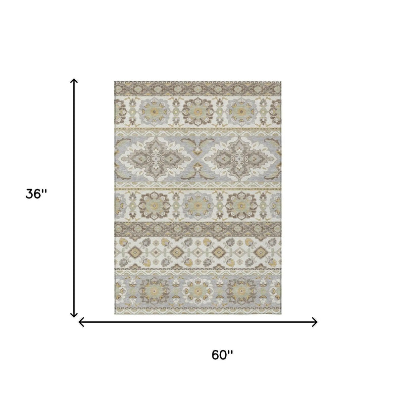 3' X 5' Ivory And Silver Tribal Washable Indoor Outdoor Area Rug Homeroots Outdoor