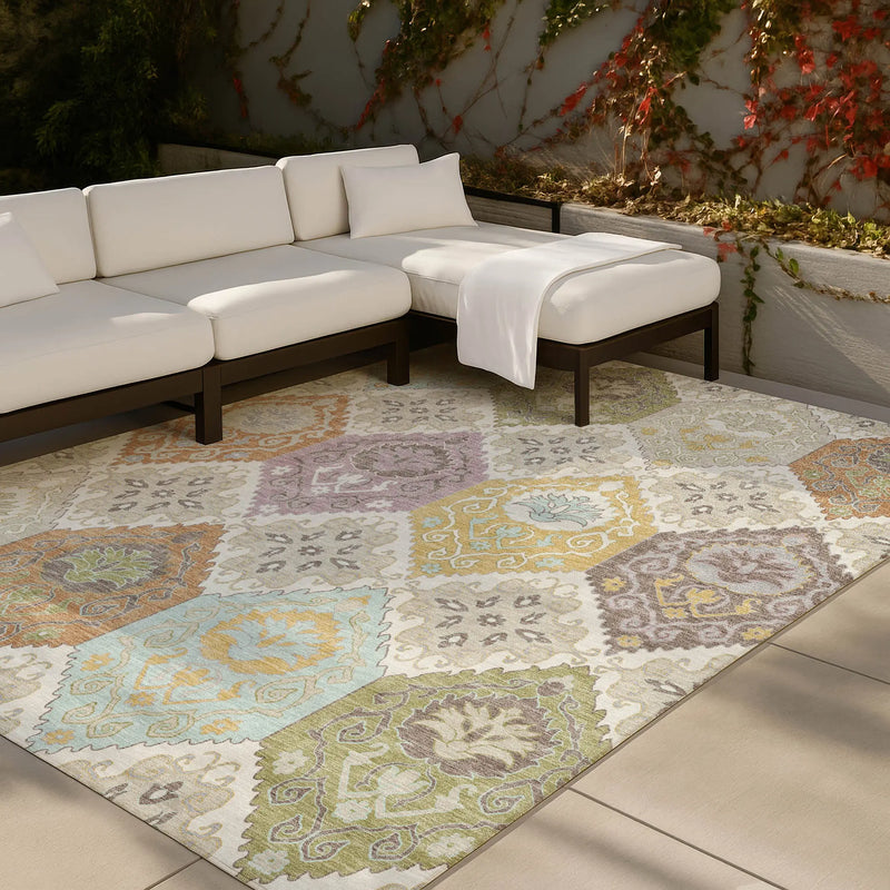 3' X 5' Ivory And Sky Blue Geometric Washable Indoor Outdoor Area Rug Homeroots Outdoor