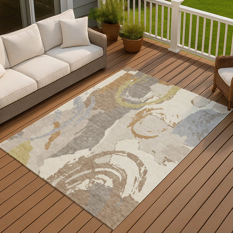 3' X 5' Ivory And Taupe Abstract Washable Indoor Outdoor Area Rug Homeroots Outdoor
