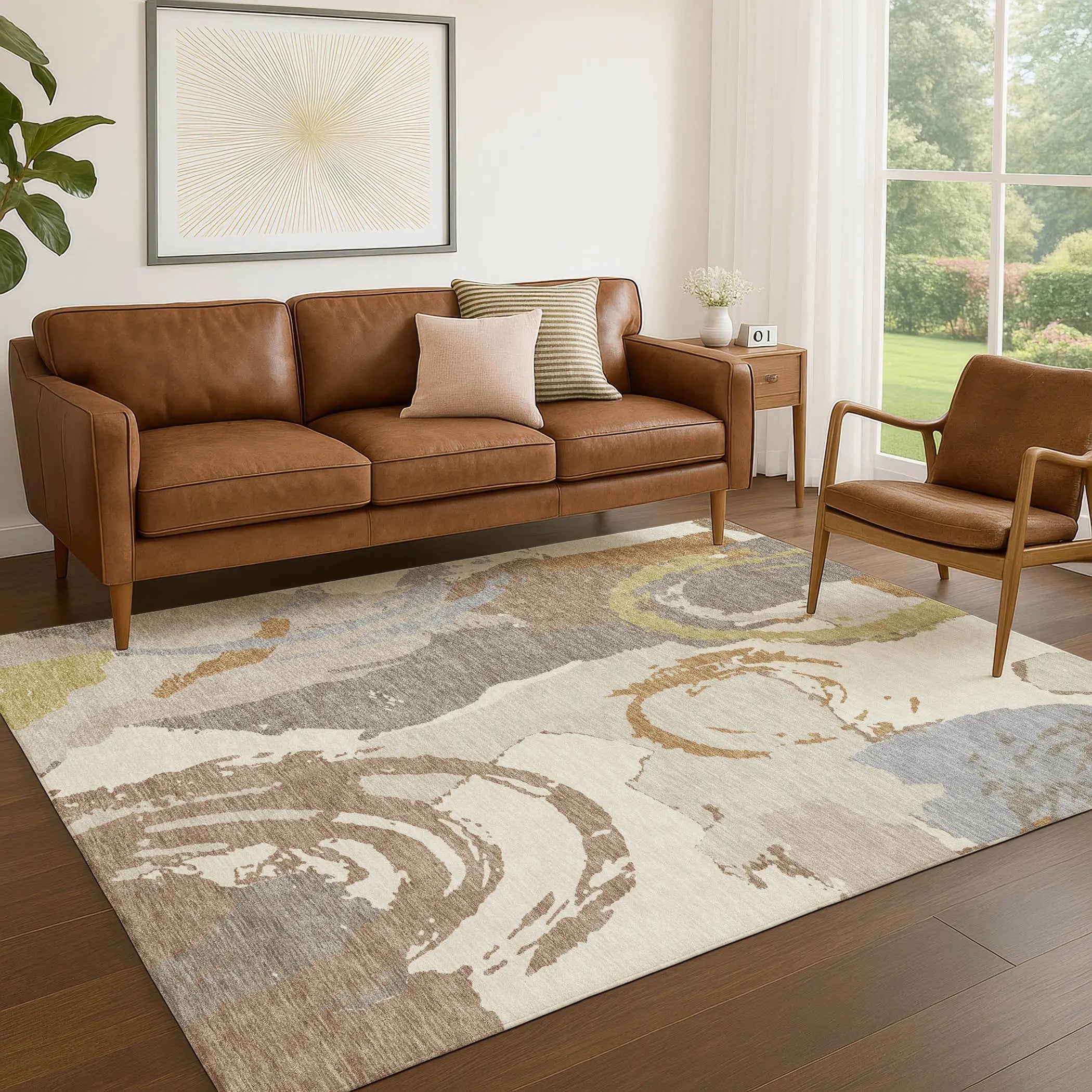 3' X 5' Ivory And Taupe Abstract Washable Indoor Outdoor Area Rug Homeroots Outdoor
