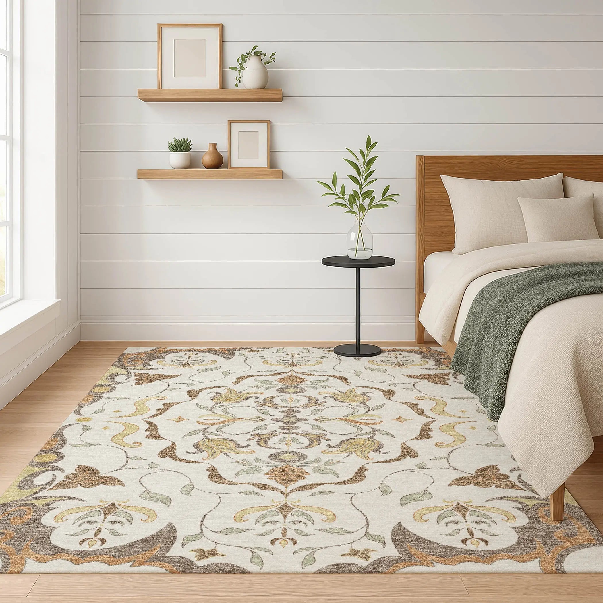 3' X 5' Ivory And Taupe Damask Washable Indoor Outdoor Area Rug Homeroots Outdoor