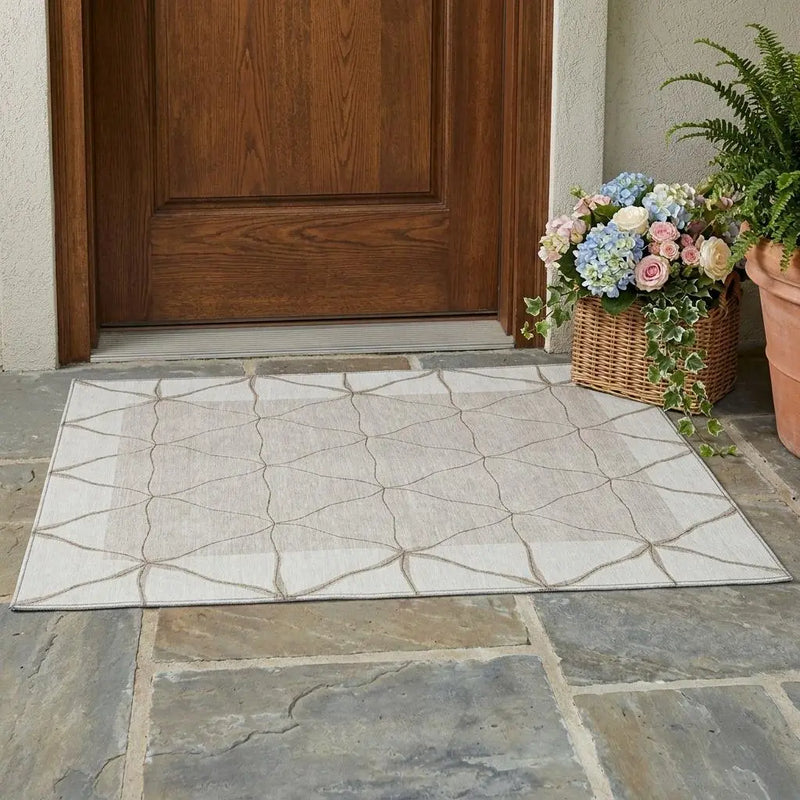 3' X 5' Ivory And Taupe Geometric Washable Indoor Outdoor Area Rug Homeroots Outdoor