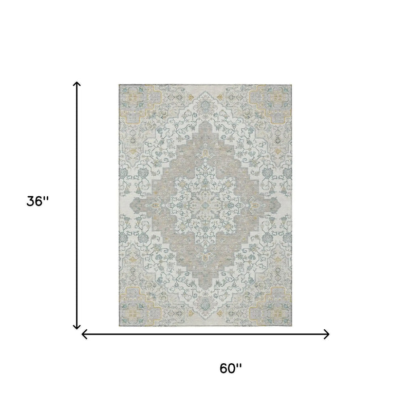 3' X 5' Ivory And Taupe Medallion Washable Indoor Outdoor Area Rug Homeroots Outdoor