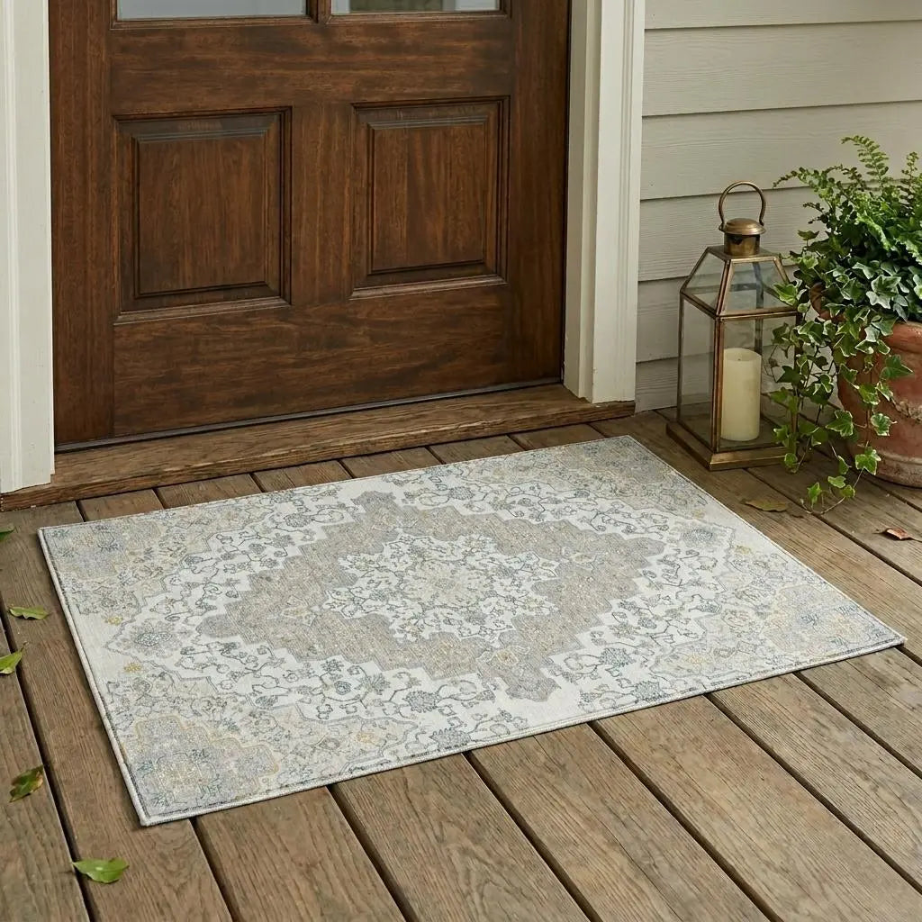 3' X 5' Ivory And Taupe Medallion Washable Indoor Outdoor Area Rug Homeroots Outdoor