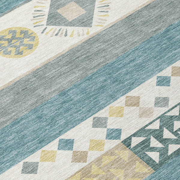 3' X 5' Ivory And Teal Blue Geometric Washable Indoor Outdoor Area Rug Homeroots Outdoor