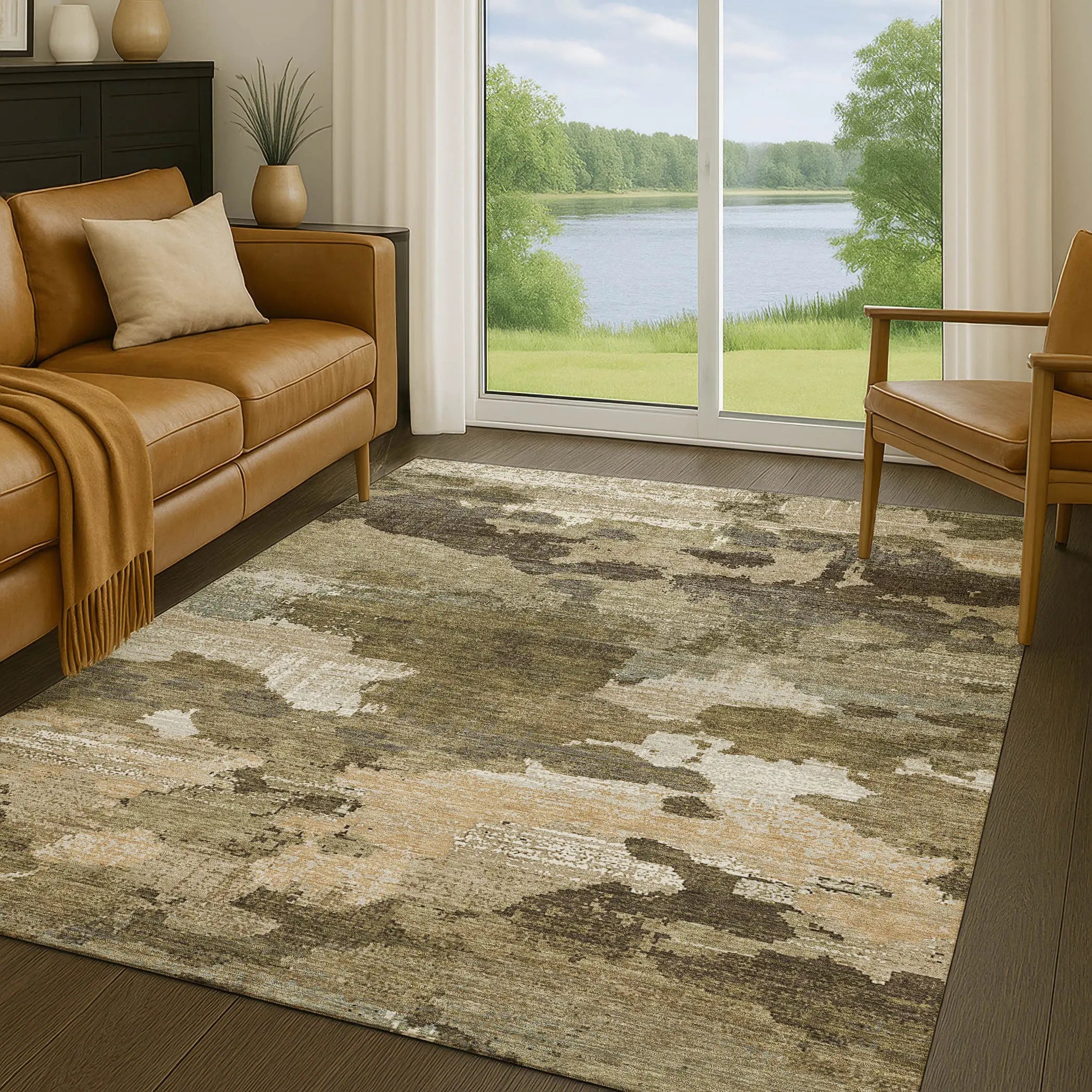 3' X 5' Khaki And Beige Abstract Washable Indoor Outdoor Area Rug Homeroots Outdoor