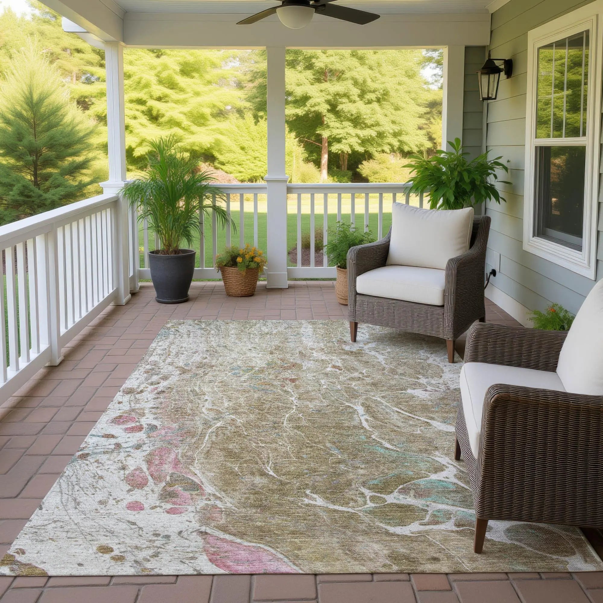 3' X 5' Khaki And Brown Abstract Washable Indoor Outdoor Area Rug Homeroots Outdoor