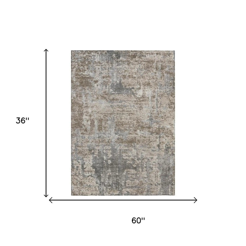 3' X 5' Khaki And Brown Abstract Washable Indoor Outdoor Area Rug Homeroots Outdoor