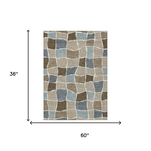 3' X 5' Khaki And Brown Geometric Washable Indoor Outdoor Area Rug Homeroots Outdoor