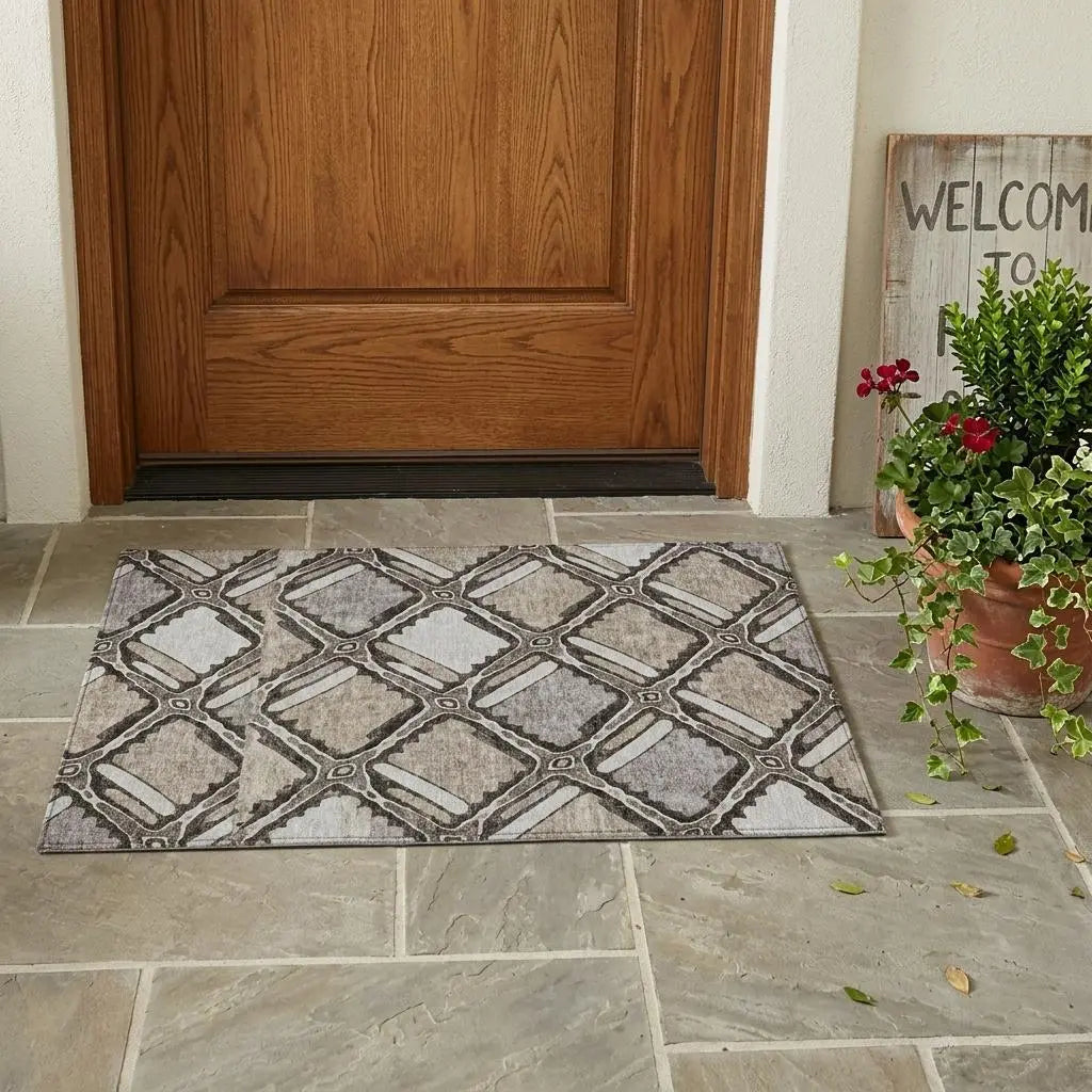 3' X 5' Khaki And Brown Geometric Washable Indoor Outdoor Area Rug Homeroots Outdoor