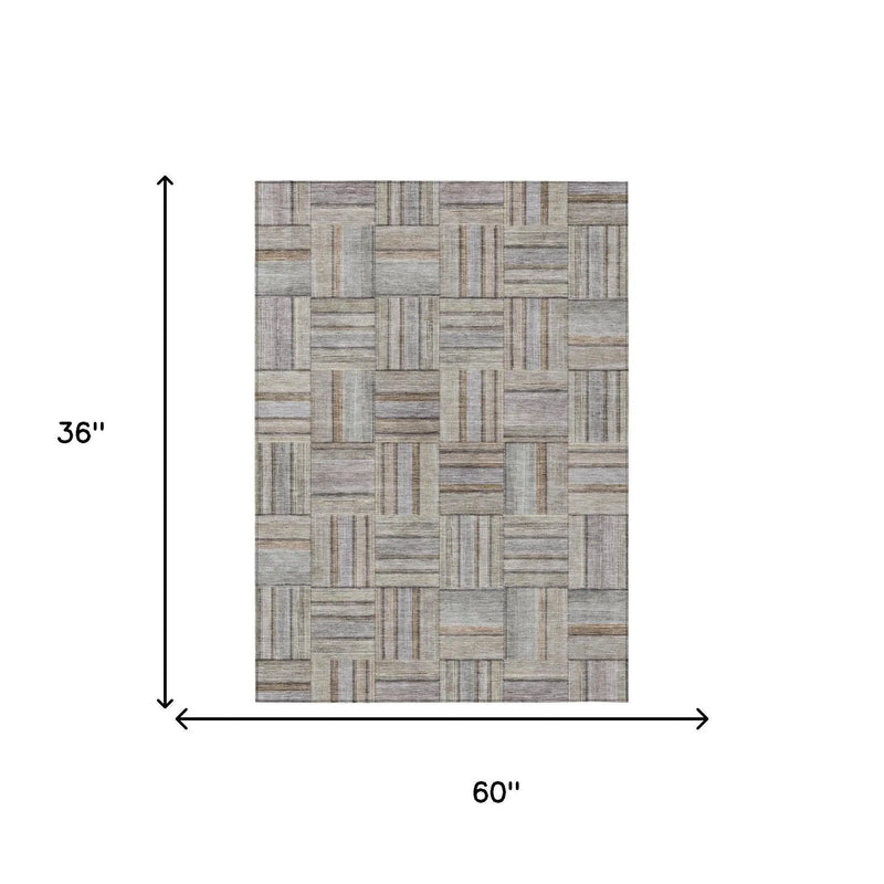 3' X 5' Khaki And Brown Geometric Washable Indoor Outdoor Area Rug Homeroots Outdoor