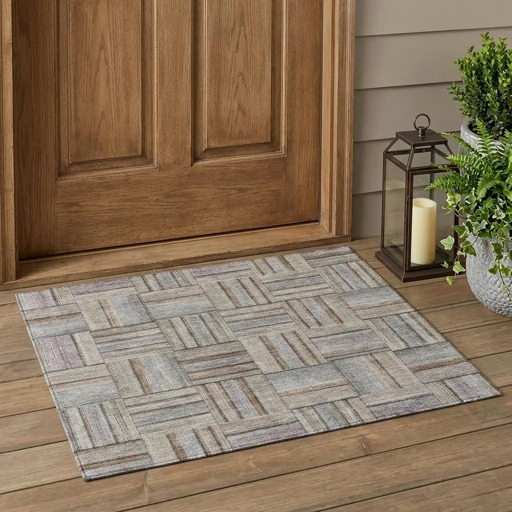3' X 5' Khaki And Brown Geometric Washable Indoor Outdoor Area Rug Homeroots Outdoor