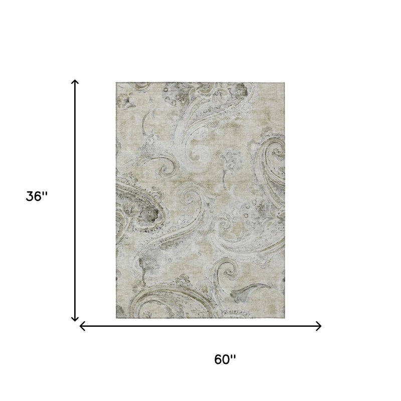 3' X 5' Khaki And Brown Paisley Washable Indoor Outdoor Area Rug Homeroots Outdoor