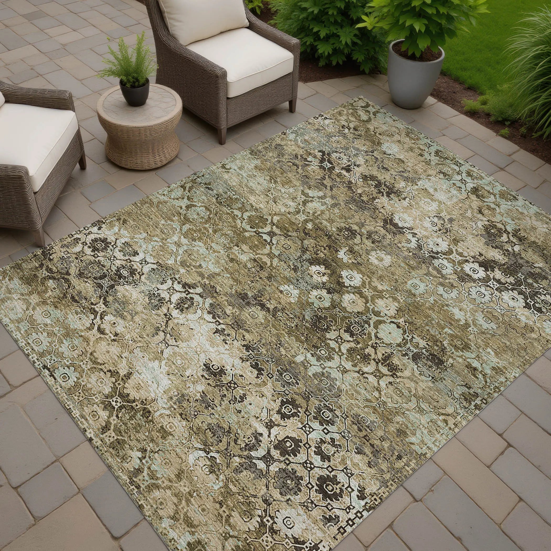 3' X 5' Khaki And Olive Green Abstract Washable Indoor Outdoor Area Rug Homeroots Outdoor