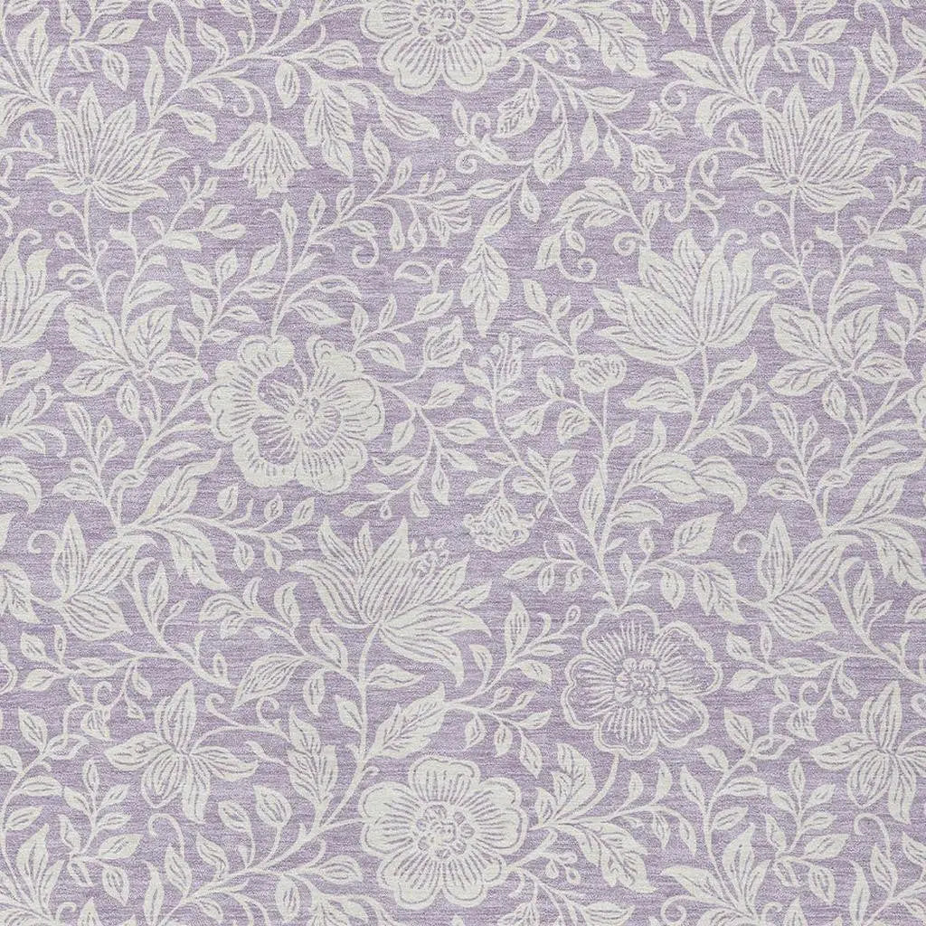 Lavender floral print fabric with white botanical designs, perfect for curtains or upholstery.