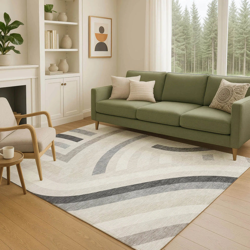 3' X 5' Linen And Ivory Abstract Washable Indoor Outdoor Area Rug Homeroots Outdoor