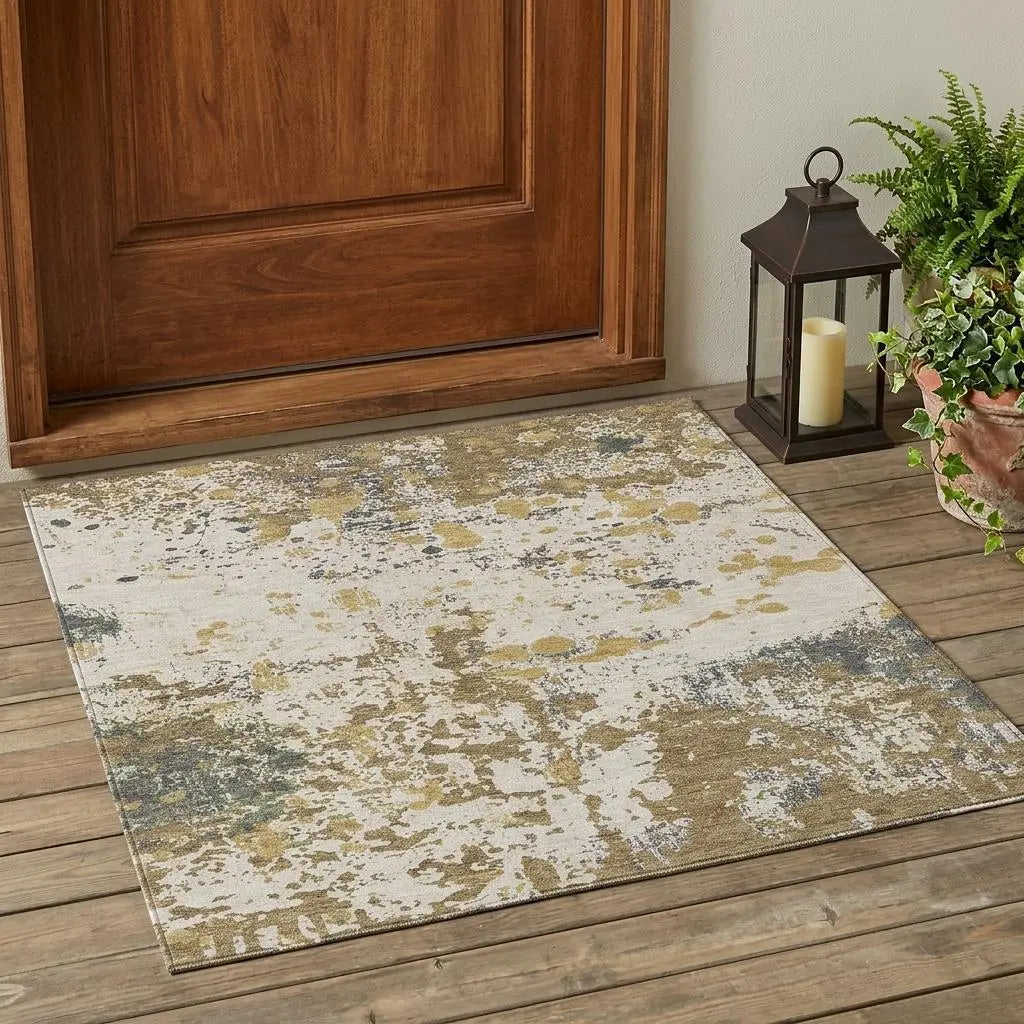 3' X 5' Linen And Ivory Abstract Washable Indoor Outdoor Area Rug Homeroots Outdoor