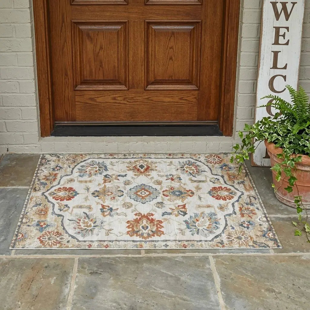 3' X 5' Linen And Ivory Floral Medallion Washable Indoor Outdoor Area Rug Homeroots Outdoor