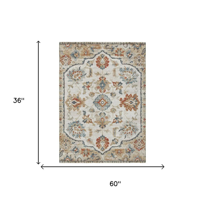 3' X 5' Linen And Ivory Floral Medallion Washable Indoor Outdoor Area Rug Homeroots Outdoor