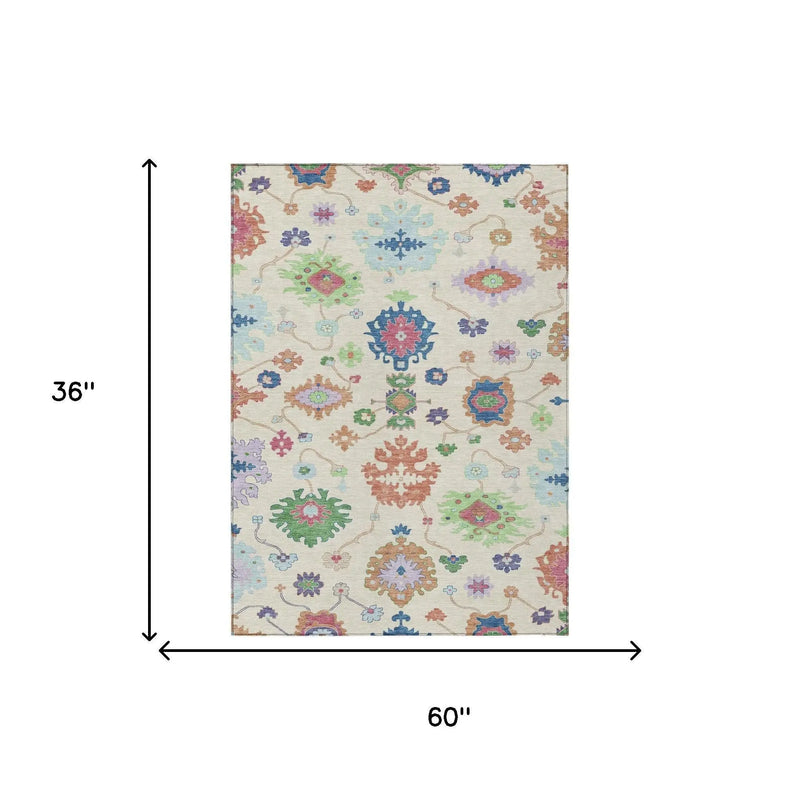 3' X 5' Linen And Navy Blue Oriental Washable Indoor Outdoor Area Rug Homeroots Outdoor