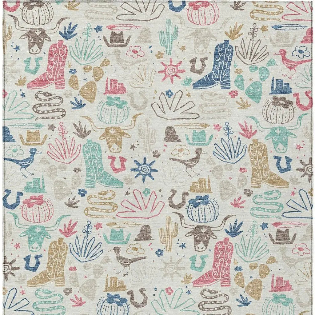 3' X 5' Linen And Pink Cactus Washable Indoor Outdoor Area Rug Homeroots Outdoor