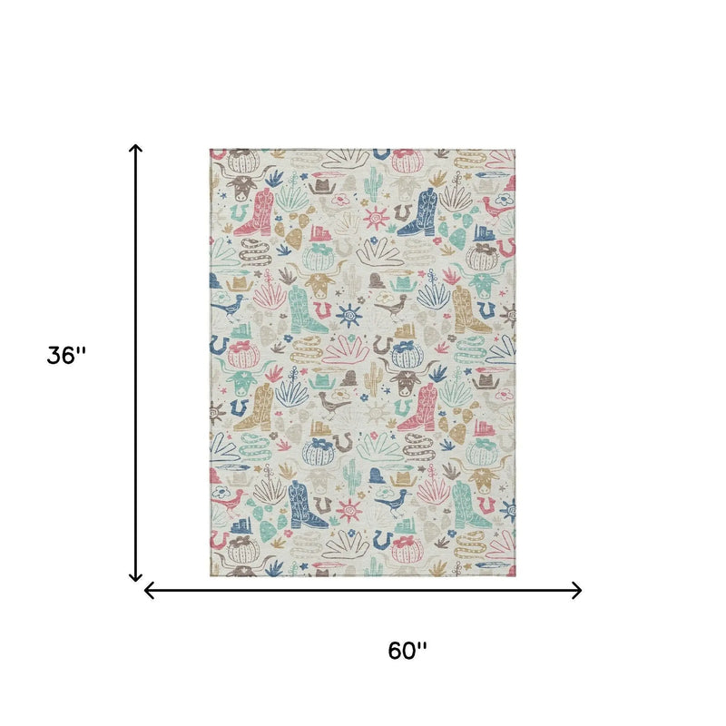 3' X 5' Linen And Pink Cactus Washable Indoor Outdoor Area Rug Homeroots Outdoor