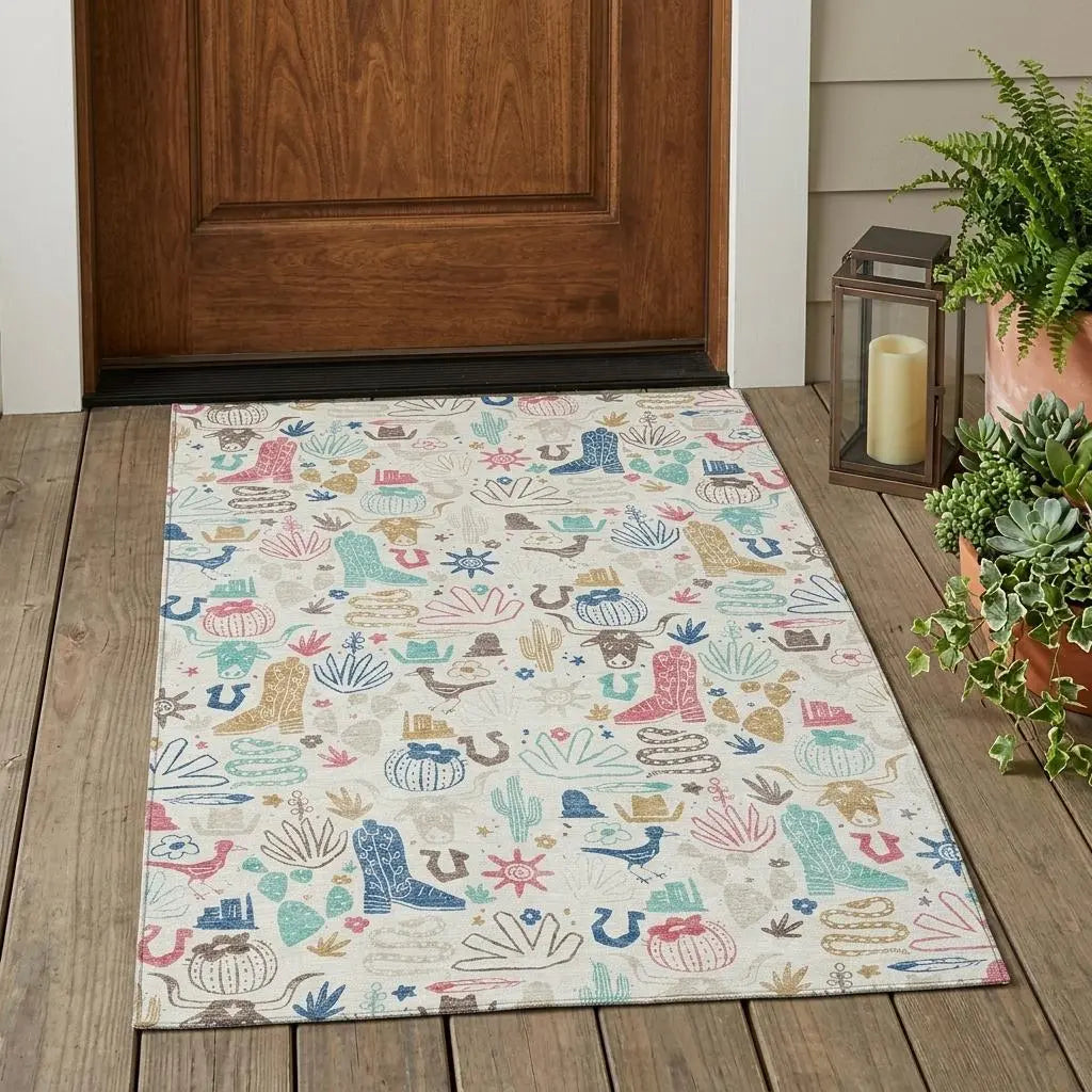 3' X 5' Linen And Pink Cactus Washable Indoor Outdoor Area Rug Homeroots Outdoor