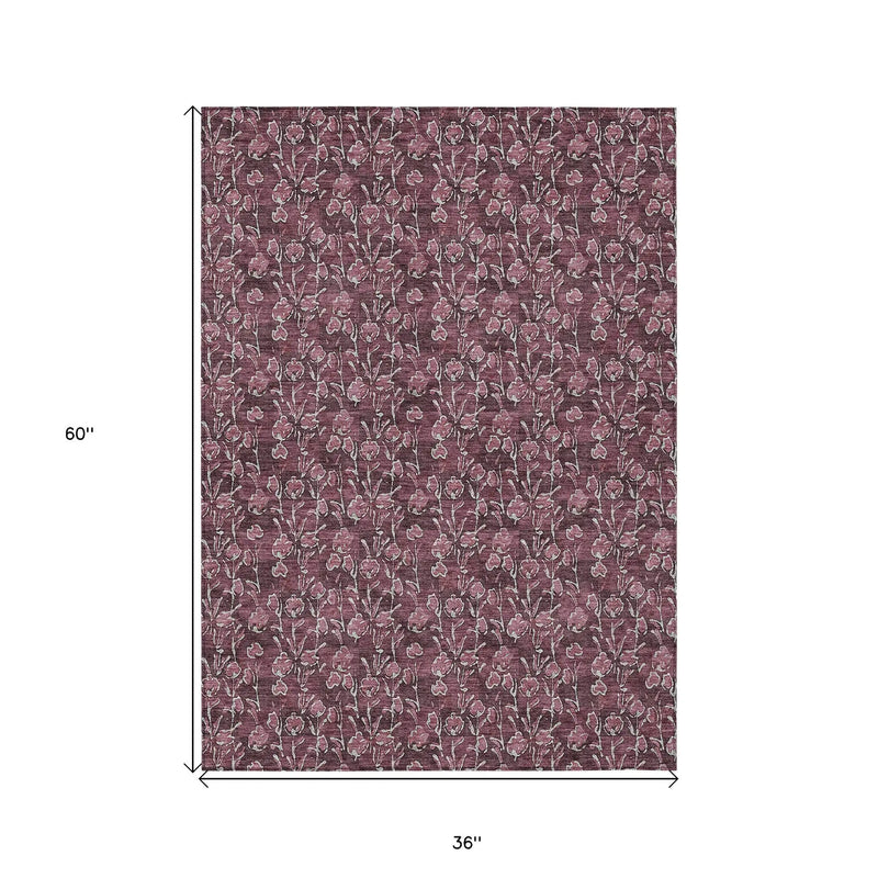 3' X 5' Merlot Mauve And Ivory Floral Washable Indoor Outdoor Area Rug Homeroots Outdoor
