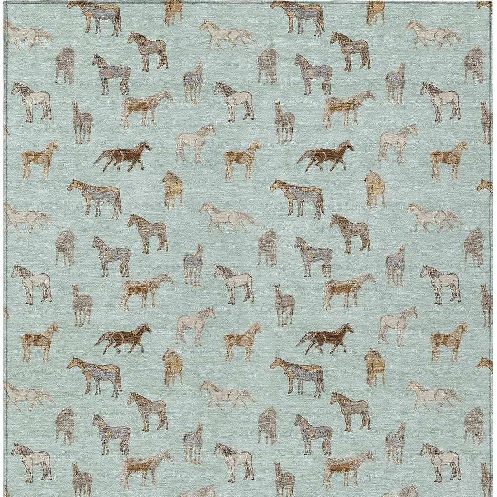 3' X 5' Mint Green And Beige Horse Washable Indoor Outdoor Area Rug Homeroots Outdoor