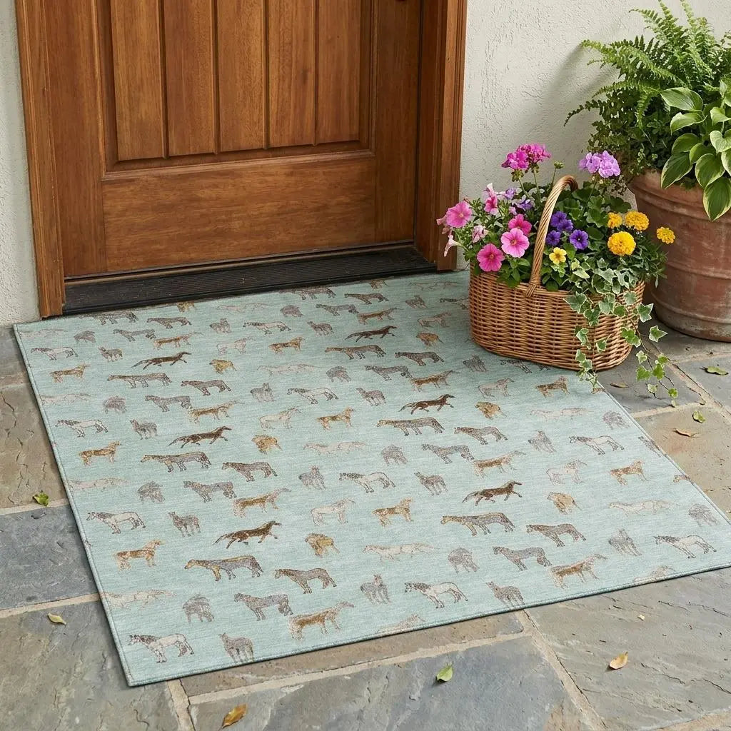 3' X 5' Mint Green And Beige Horse Washable Indoor Outdoor Area Rug Homeroots Outdoor