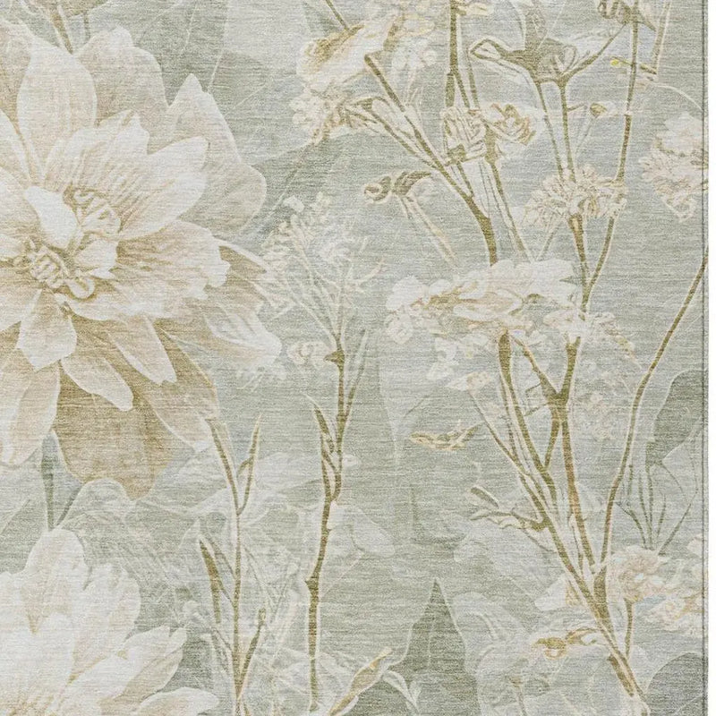 Light green floral wallpaper with cream and beige botanical prints, featuring delicate flower designs and a textured finish.