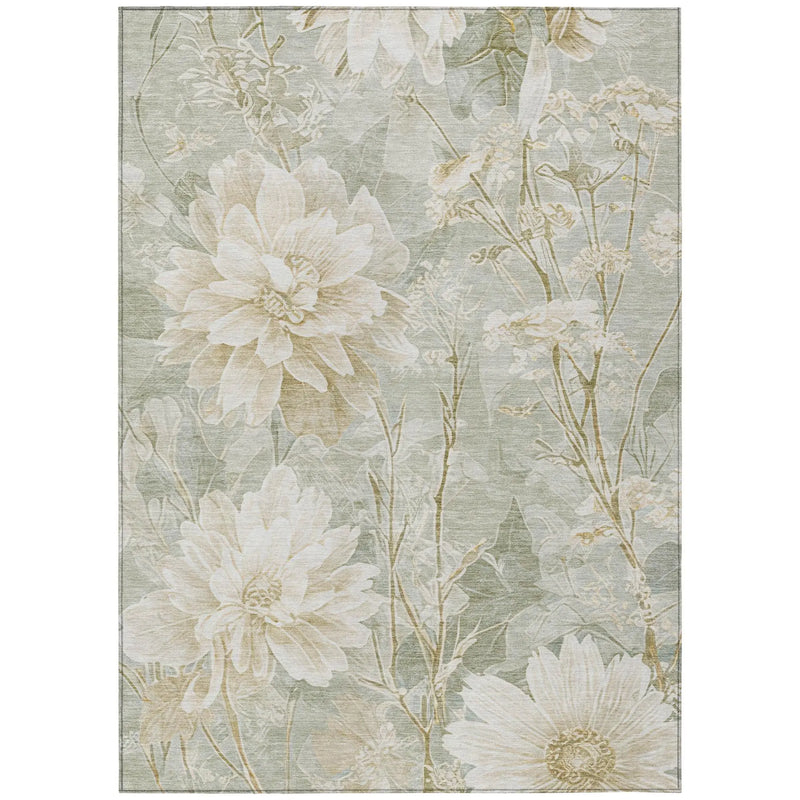 Light green floral area rug featuring blooming white flowers and delicate botanical accents, perfect for modern decor.