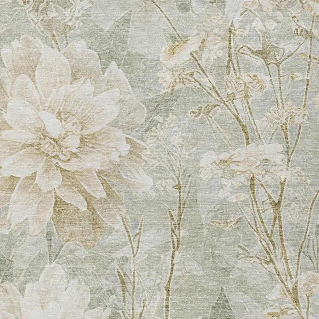 Elegant floral fabric in soft beige and muted green, perfect for curtains, upholstery, or home décor accents.